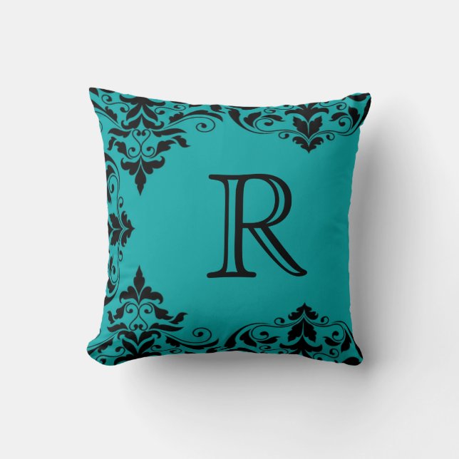 Coussin turquoise et noir de damassé de monogramme (Recto)