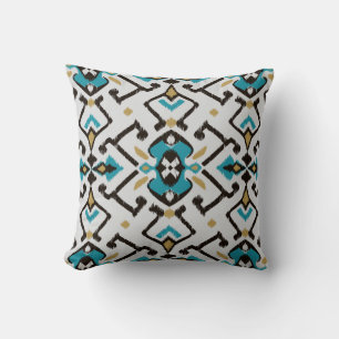 Coussin Turquoise géométrique chic noir ikat motif tribal