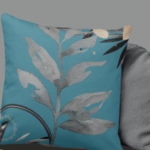 Coussin Turquoise & Gris Feuilles d'aquarelle artistique