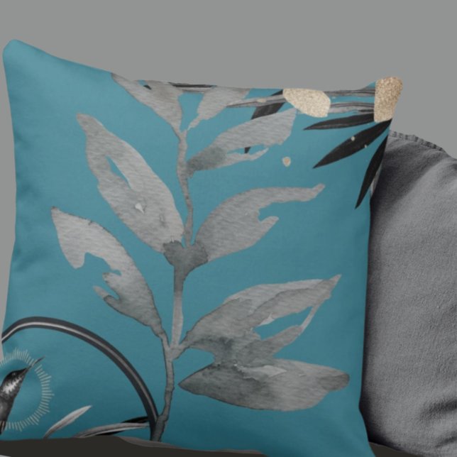 Coussin Turquoise & Gris Feuilles d'aquarelle artistique (Créateur téléchargé)