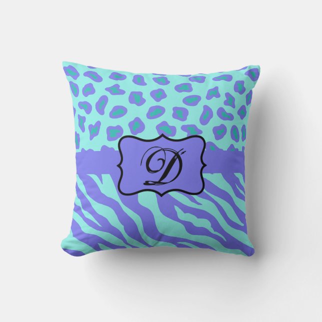 Coussin Turquoise & Lavender Zebra & Cheetah Customisé (Recto)
