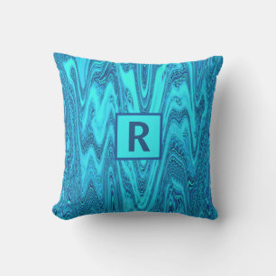 Coussin Turquoise Océan Bleu Vague Initiales Abstraites Mo