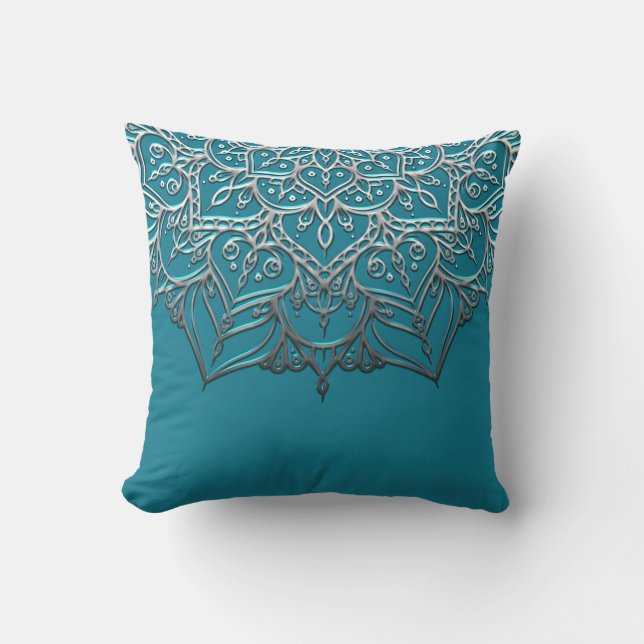 Coussin Turquoise & Silver Mandala Elégant Minimal Marocai (Recto)