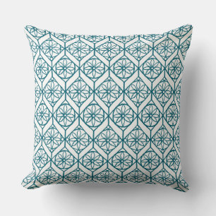 Coussin Turquoise sur Motif ethnique blanc, Fleurs, Chevro