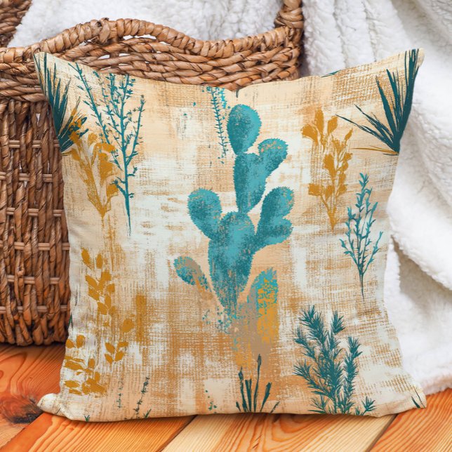 Coussin Turquoise Taupe Rustique Ferme Désert Cactus (Teal Taupe Rustic Farmhouse Desert Cactus Throw Pillow)