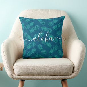 Coussin Turquoise Turquoise Aloha Script Ananas Motif Bold