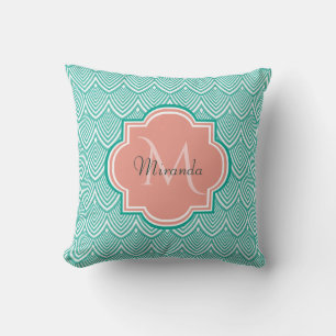 Coussin Turquoise Vert Art Déco Poissons Écailles Rose Mon