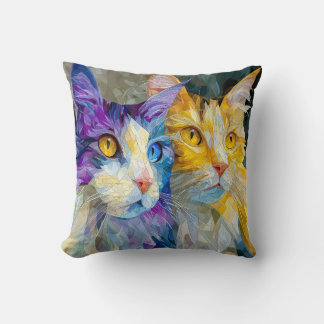 Coussin Two Purple and Yellow Cats