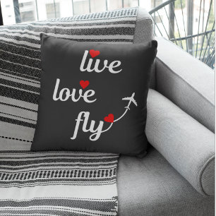 Coussin Typographie Vivre Amour Voler avec Avion & Cœurs