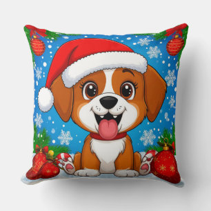 Coussin Un adorable chiot au chapeau de Père Noël avec des