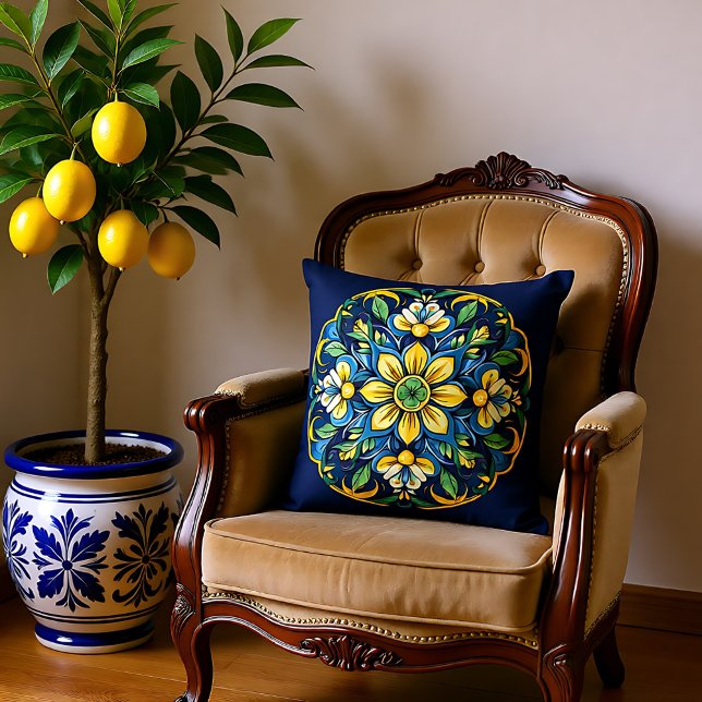 Coussin 💚 💙 💛 Un Azulejo Unique Élégance : Jardin de mi (A Unique Azulejo Elegance Midnight Garden Throw Pillow)