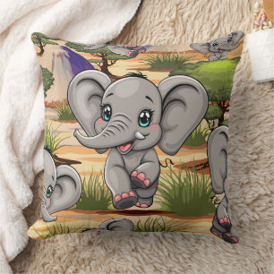 Coussin Un bébé éléphant qui sonne heureux dans la savane 