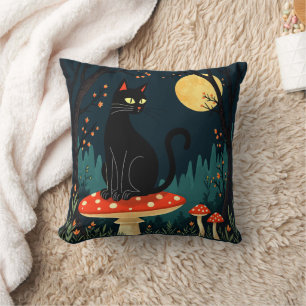 Coussin Un chat noir familier et champignons hallucinés Ha