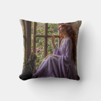 Coussin Un chat, une dame et une belle journée.