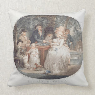 Coussin Un jardin de thé, gravure de pointillé de couleu