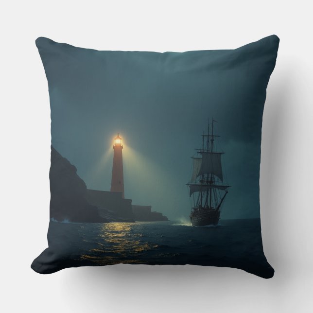 Coussin un phare et un bateau perdu Cushion (Recto)