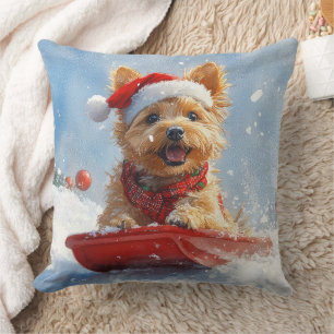 Coussin Un Terrier australien à la luge, qu'il neige Noël