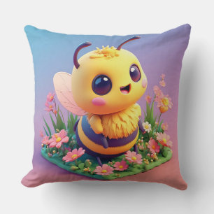 Coussin Une abeille de dessin animé adorable entourée de f