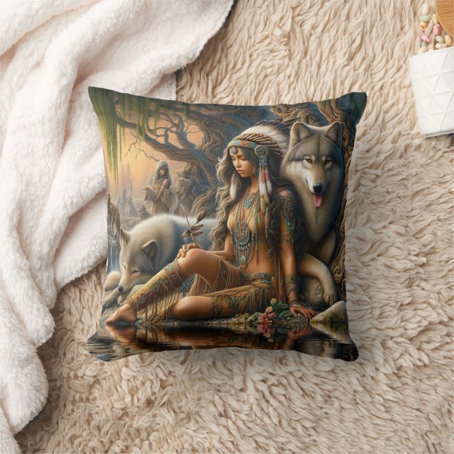 Coussin Une femme amérindienne prend soin du loup par casc (Couverture)