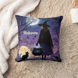 Coussin Une sorcière brasse des potions sous la pleine lun