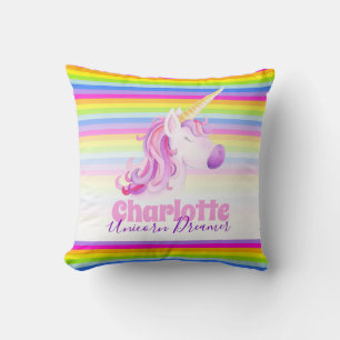Coussin Unicorn aquarelle art arc-en-ciel rayures nom cous