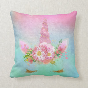 Coussin Unicorn Face Horn Lashes Pink Flowers Pastel Mint