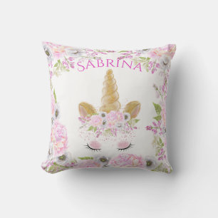 Coussin Unicorn Face Pink Floral Whimsical Artwork™