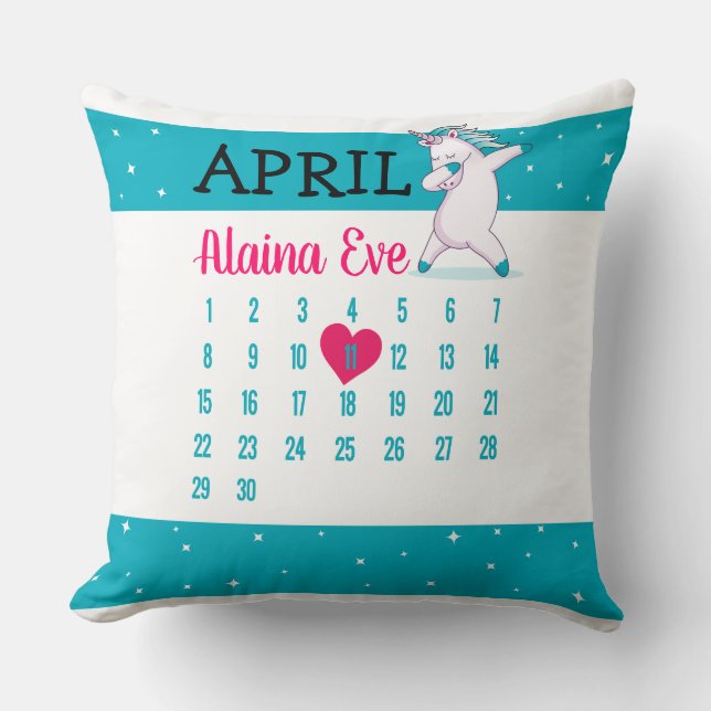 Coussin Unicorn Nom Calendrier Anniversaire Jeu d'oreiller (Recto)