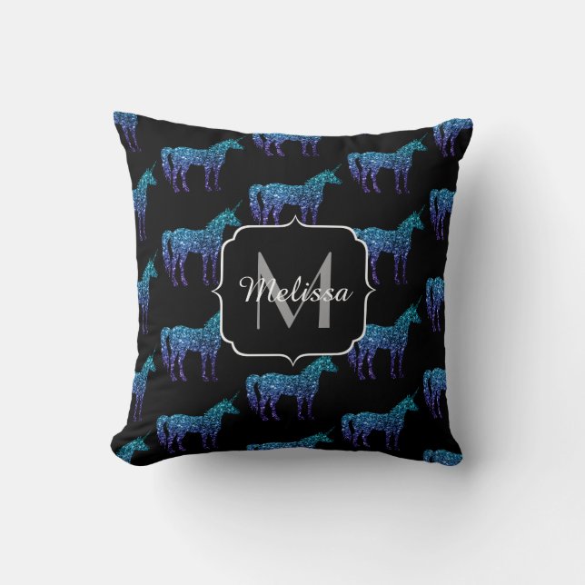Coussin Unicorn Sparkles aqua blue ombre motif Monogramme (Recto)