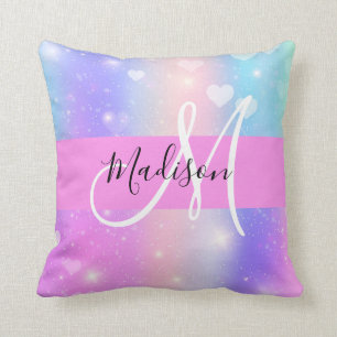 Coussin Unicorne colorée fille Coeurs arc-en-ciel Monogram