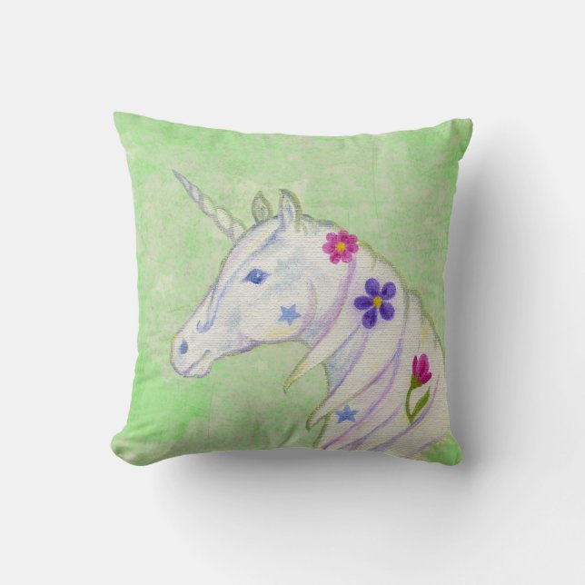 Coussin Unicorne de fleurs sur vert (Recto)
