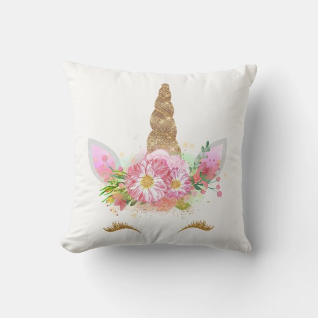 Coussin Unicorne Lashes Souriants Rose Rose Or Fleurs Spar (Recto)