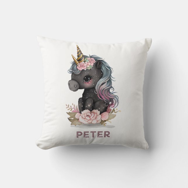 Coussin Unicorne noire mignonne avec Fleurs Aquarelle Unic (Recto)