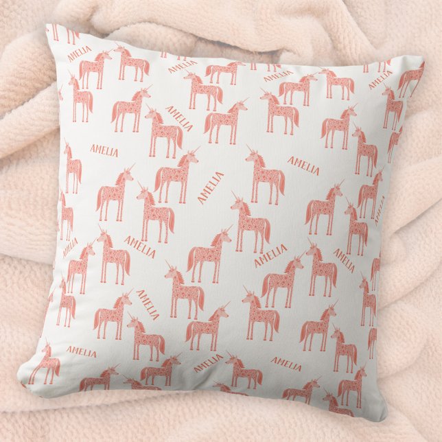 Coussin Unicorne rose Nom personnalisé (Personalized custom name pink unicorn pattern throw pillow)
