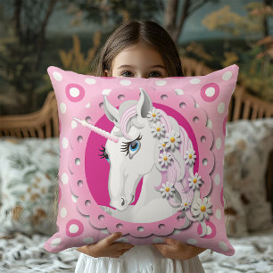 Coussin Unicornes et marguerites rétro Motif sur rose