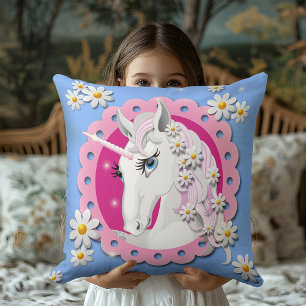 Coussin Unicornes rétro et Motif de marguerites sur bleu