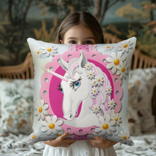 Coussin Unicornes rétro et Motif de marguerites sur bleu