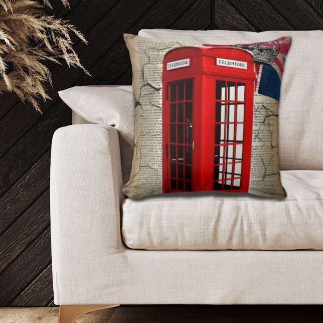 Coussin union jack flag jubilee couronne rouge cabine télé (union jack flag jubilee crown red telephone booth throw pillow)