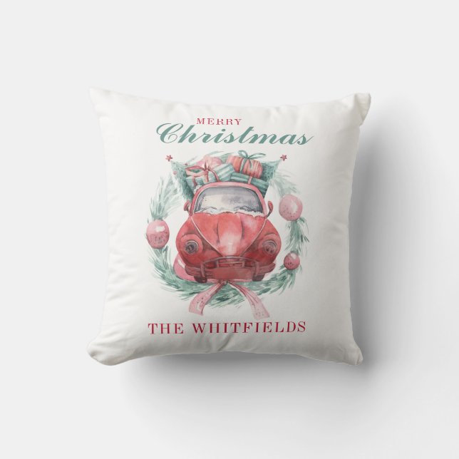 Coussin Vacances de Noël de la famille Werath Rouge Voitur (Recto)