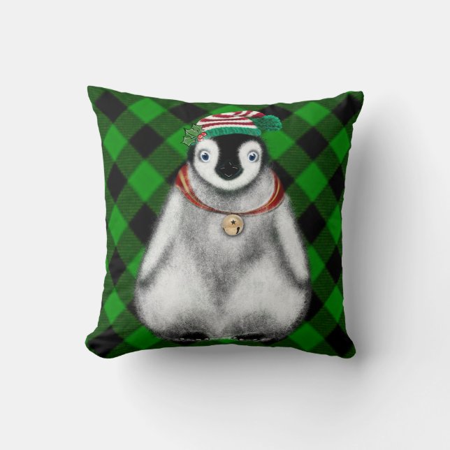 Coussin Vacances festives mignonnes Pingouin vert noir pla (Recto)