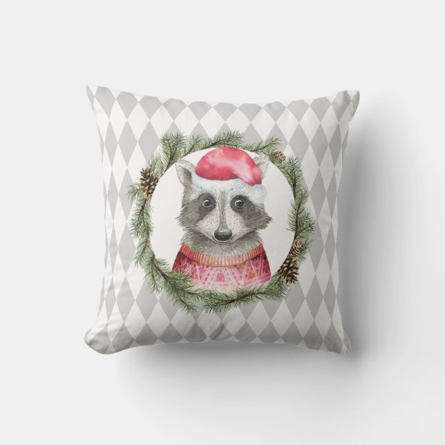 Coussin Vacances Raccoon et Pastel Grey Harlequin Motif (Recto)