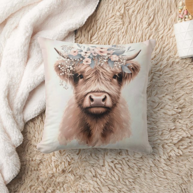 Coussin Vache Boho Highland Avec Couronne Florale (Couverture)
