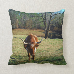 Coussin Vache Brown et blanche à longhorn