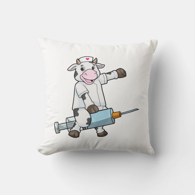 Coussin Vache comme infirmière avec coeur et seringue (Recto)