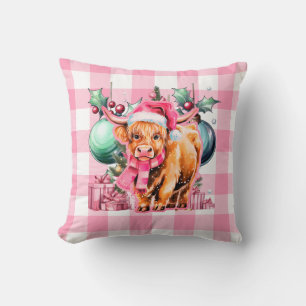 Coussin Vache de Noël Rose Highland Joyeux Noël Plaid