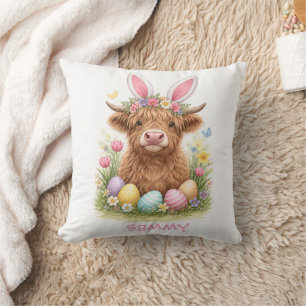 Coussin Vache des Highlands mignonne avec lapin de Pâques