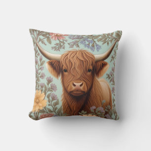 Coussin Vache des Highlands Pastel Floral Inspiré de Willi