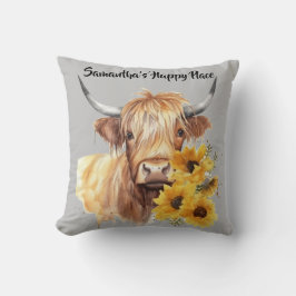 Coussin Vache écossaise Highland avec des tournesols. Modi
