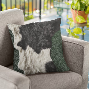 Coussin Vache en cuir vert Faux tachée fourrure cachée