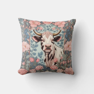 Coussin Vache mignonne avec Arrière - plan floral rose